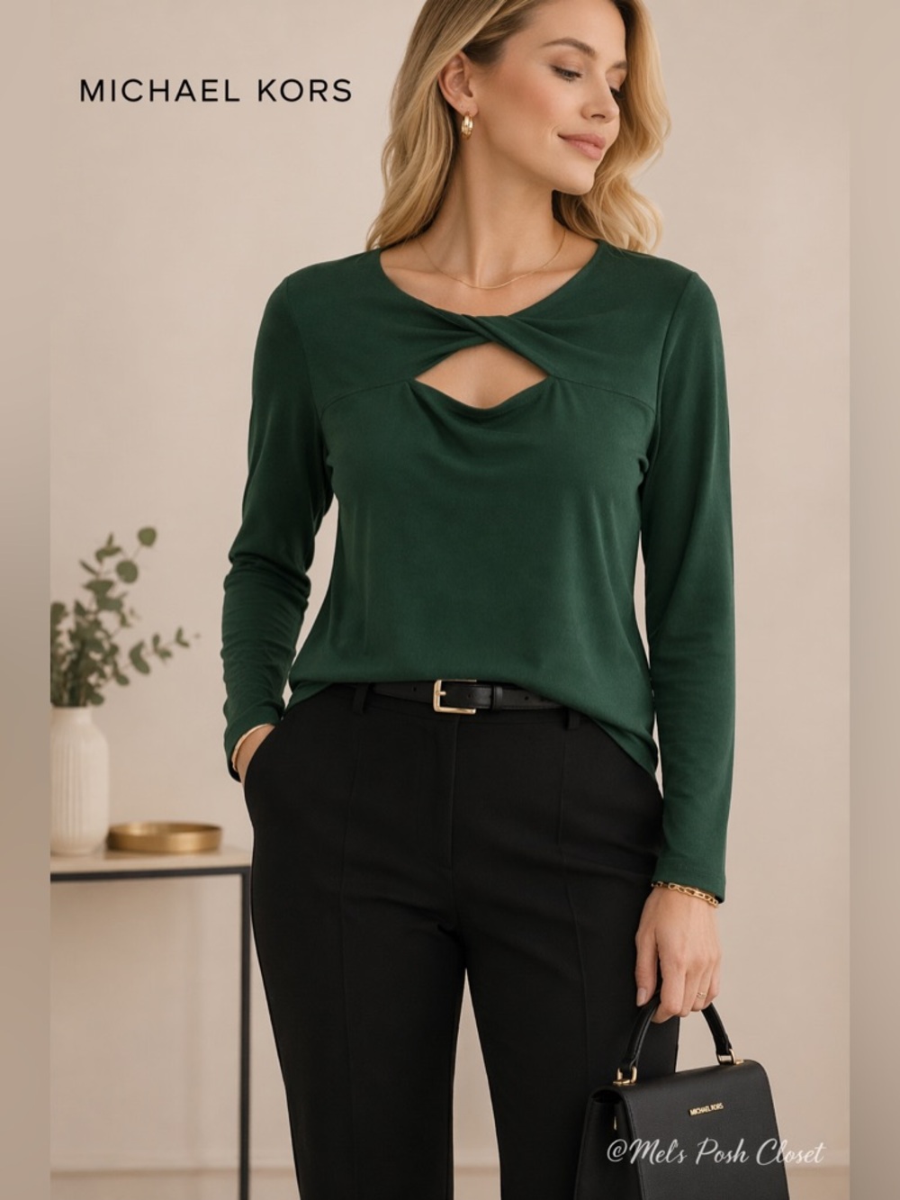 🚨Michael Kors Dark Green Keyhole Blouse L | Long Sleeve Chic Top